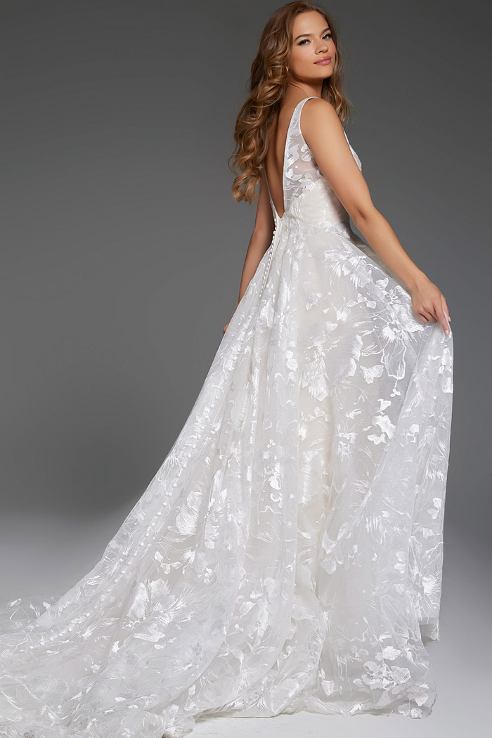 Back view of Jovani JB37434 highlighting its low back cut and lace detail.