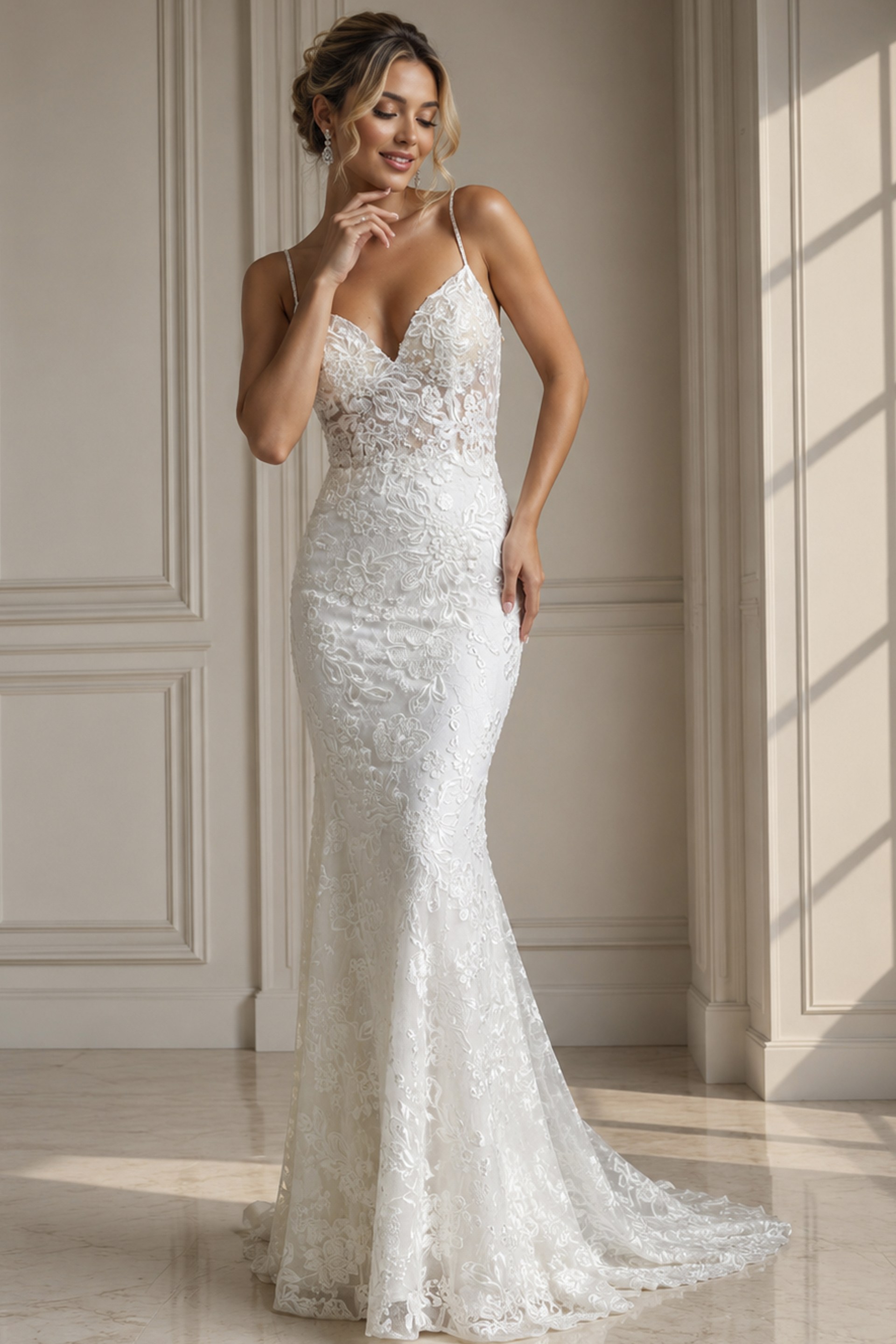 ivory floral lace fitted mermaid wedding dress with V neckline and spaghetti straps, front view, Jovani Bridal style JB37538