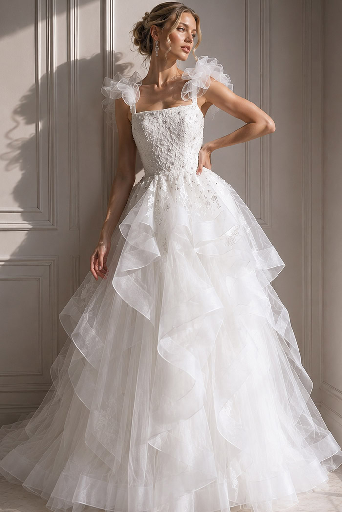 ivory beaded tiered ruffle ballgown wedding dress with square neckline and ruffled straps, front view, Jovani Bridal style JB37575