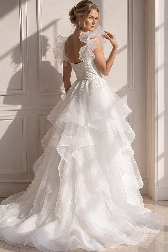 ivory beaded tiered ruffle ballgown wedding dress with square neckline and ruffled straps, front view, Jovani Bridal style JB37575