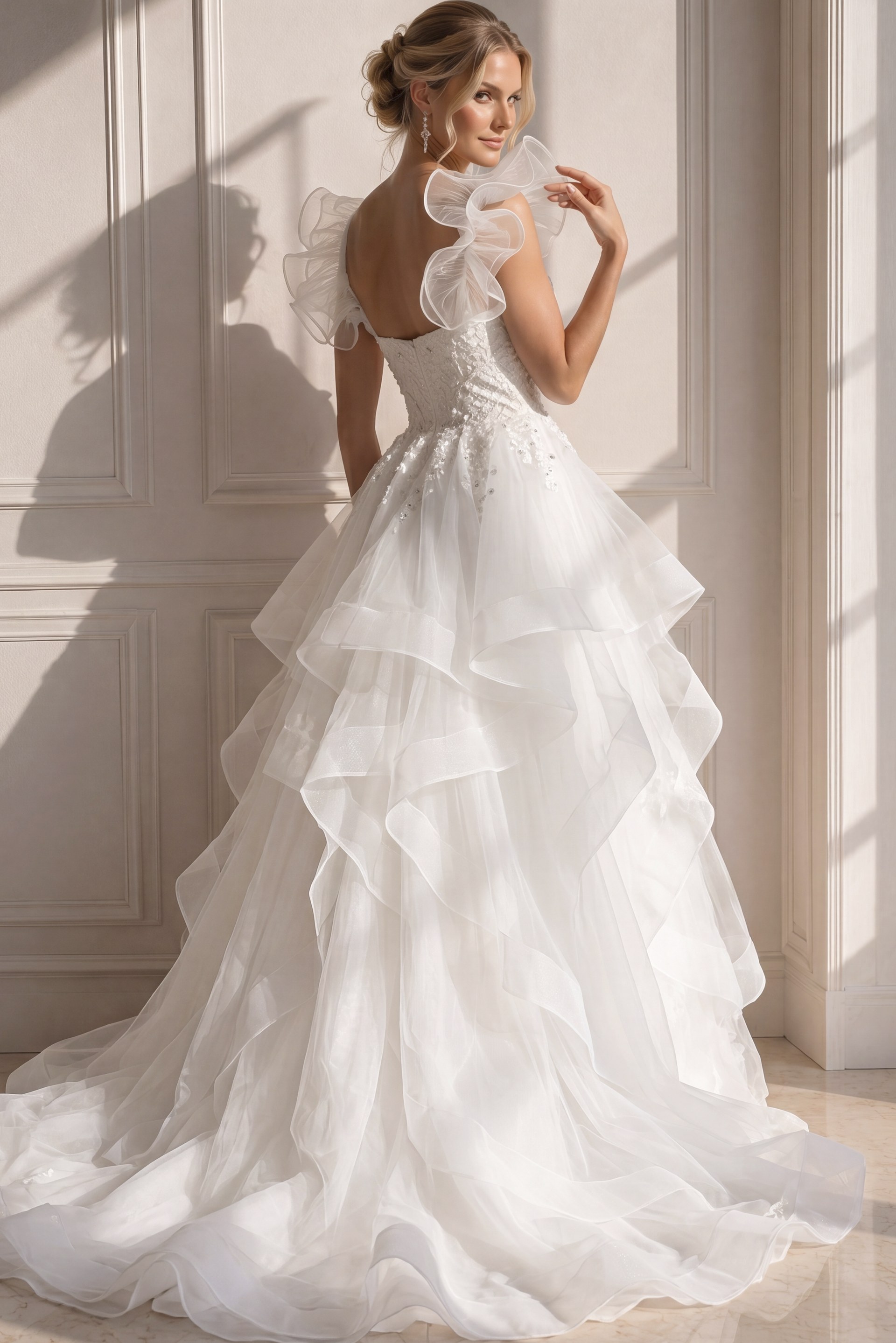 ivory beaded tiered ruffle ballgown wedding dress with square neckline and ruffled straps, front view, Jovani Bridal style JB37575
