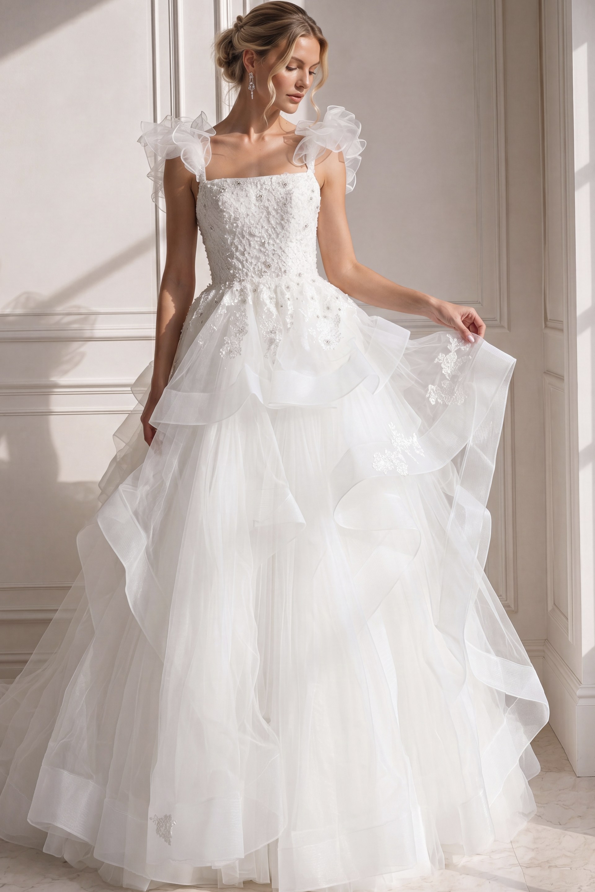 ivory beaded tiered ruffle ballgown wedding dress with square neckline and ruffled straps, front view, Jovani Bridal style JB37575