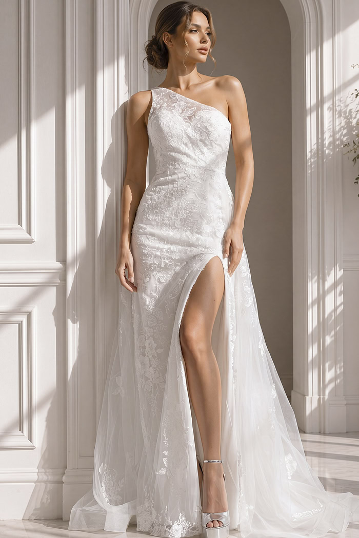 Strapless fitted lace bridal gown with soft A-line skirt and sheer floral embroidery overlay