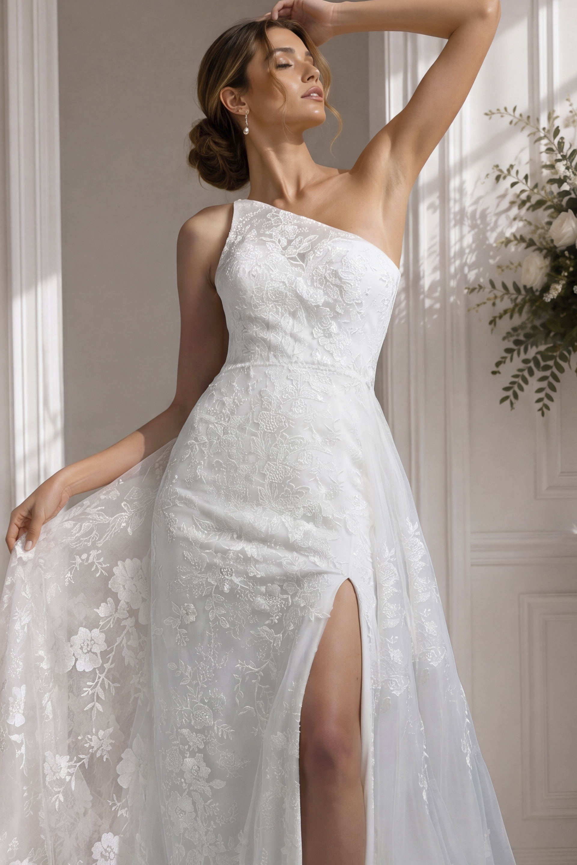 Off-shoulder romantic mermaid wedding dress with 3D floral appliqué and structured corset bodice