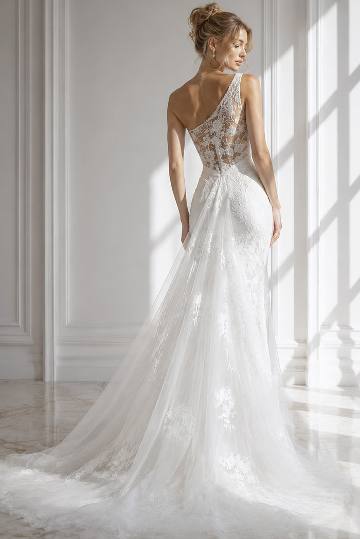 One-shoulder floral lace mermaid wedding gown with high slit, structured bodice, and soft flowing tulle train