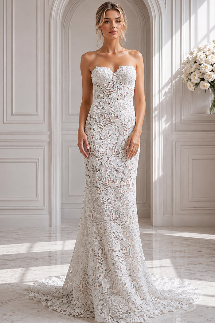 Modern romantic wedding dress with a sculpted fit, lace texture, and soft train finish.