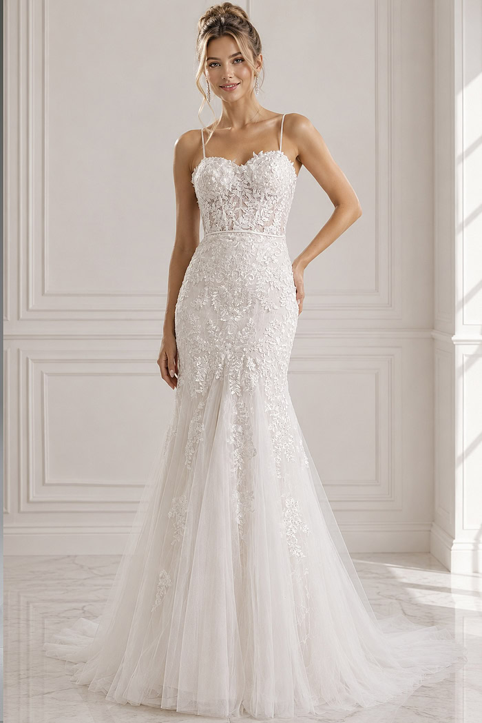 ivory floral lace fitted mermaid wedding dress with sweetheart neckline, spaghetti straps and tulle skirt, front view, Jovani Bridal style JB38490