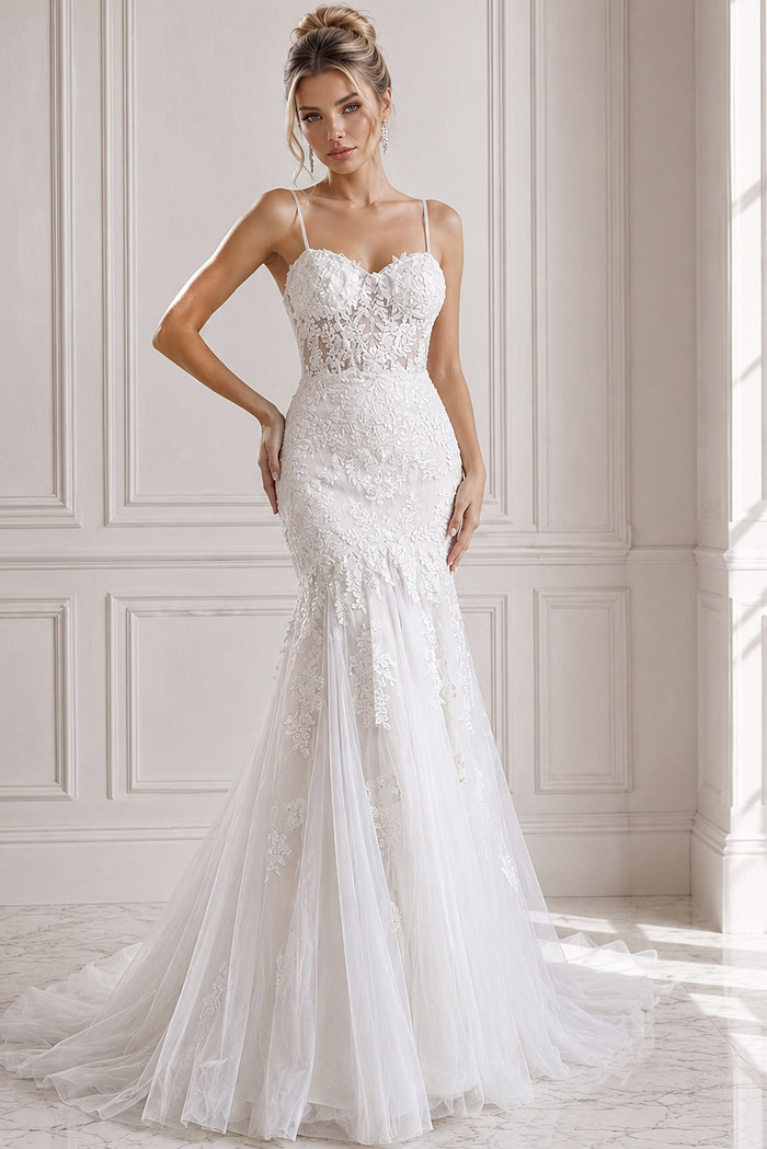 ivory floral lace fitted mermaid wedding dress with sweetheart neckline, spaghetti straps and tulle skirt, front view, Jovani Bridal style JB38490