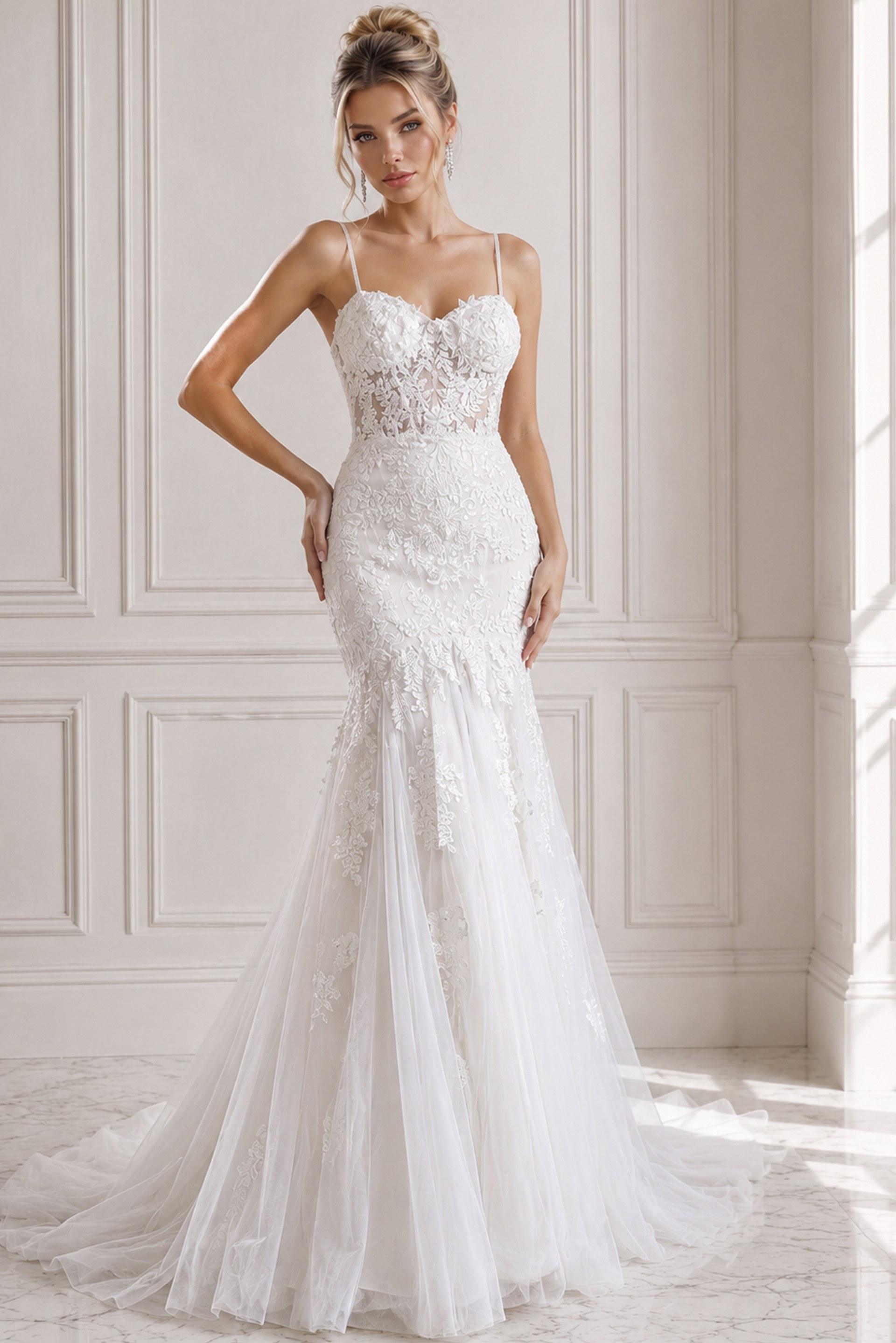 ivory floral lace fitted mermaid wedding dress with sweetheart neckline, spaghetti straps and tulle skirt, front view, Jovani Bridal style JB38490