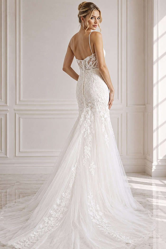 ivory floral lace fitted mermaid wedding dress with sweetheart neckline, spaghetti straps and tulle skirt, front view, Jovani Bridal style JB38490