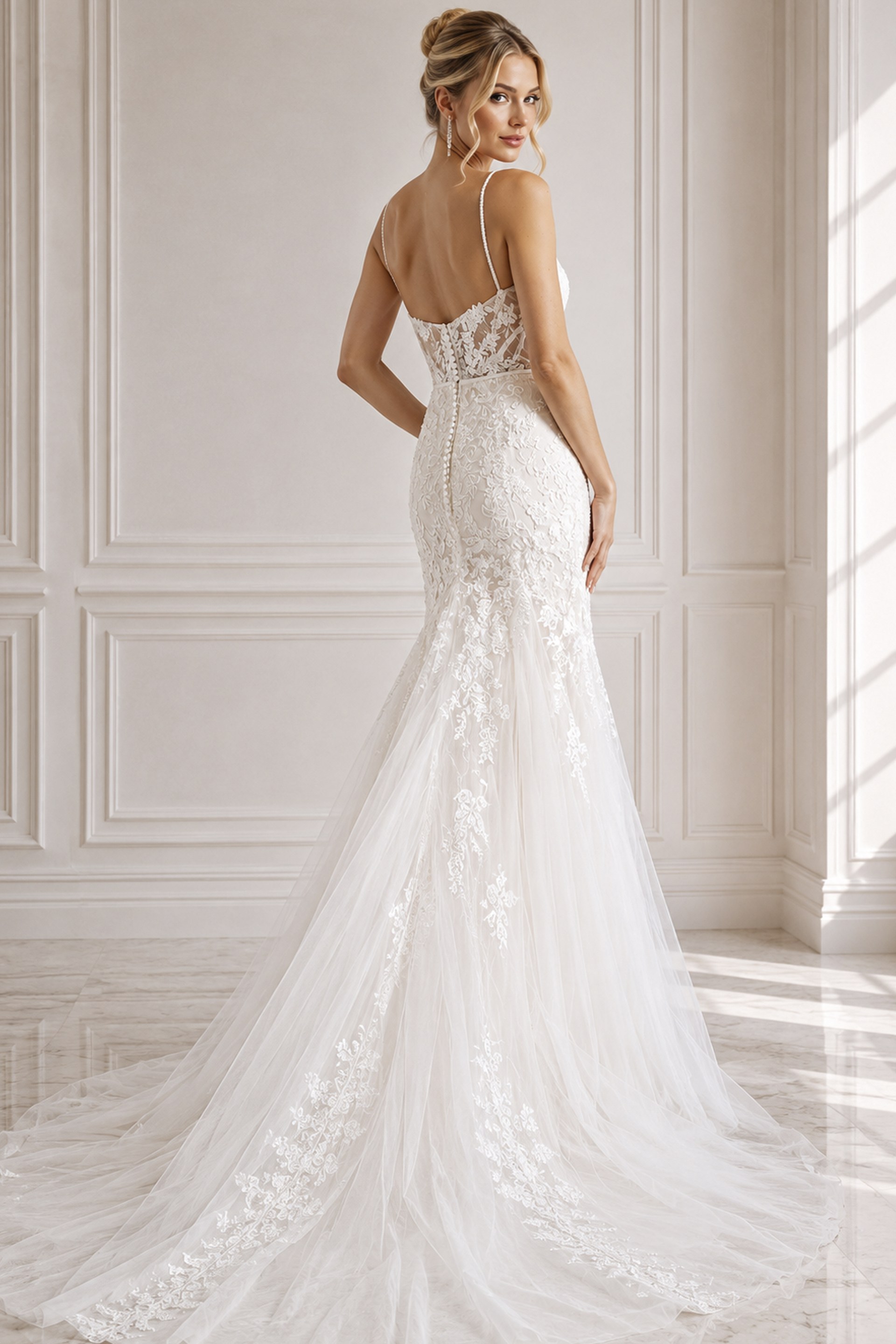 ivory floral lace fitted mermaid wedding dress with sweetheart neckline, spaghetti straps and tulle skirt, front view, Jovani Bridal style JB38490