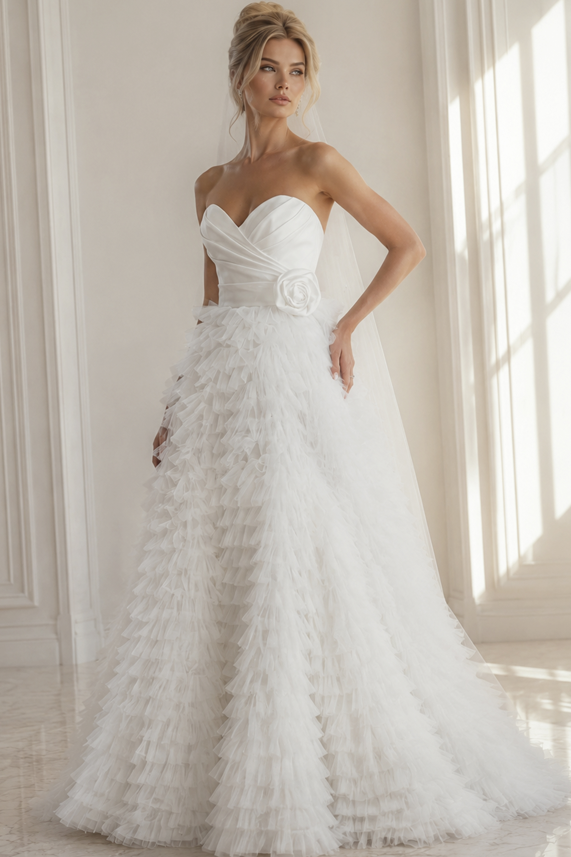 ully fitted mermaid silhouette in 3D floral lace, deep sweetheart neckline,