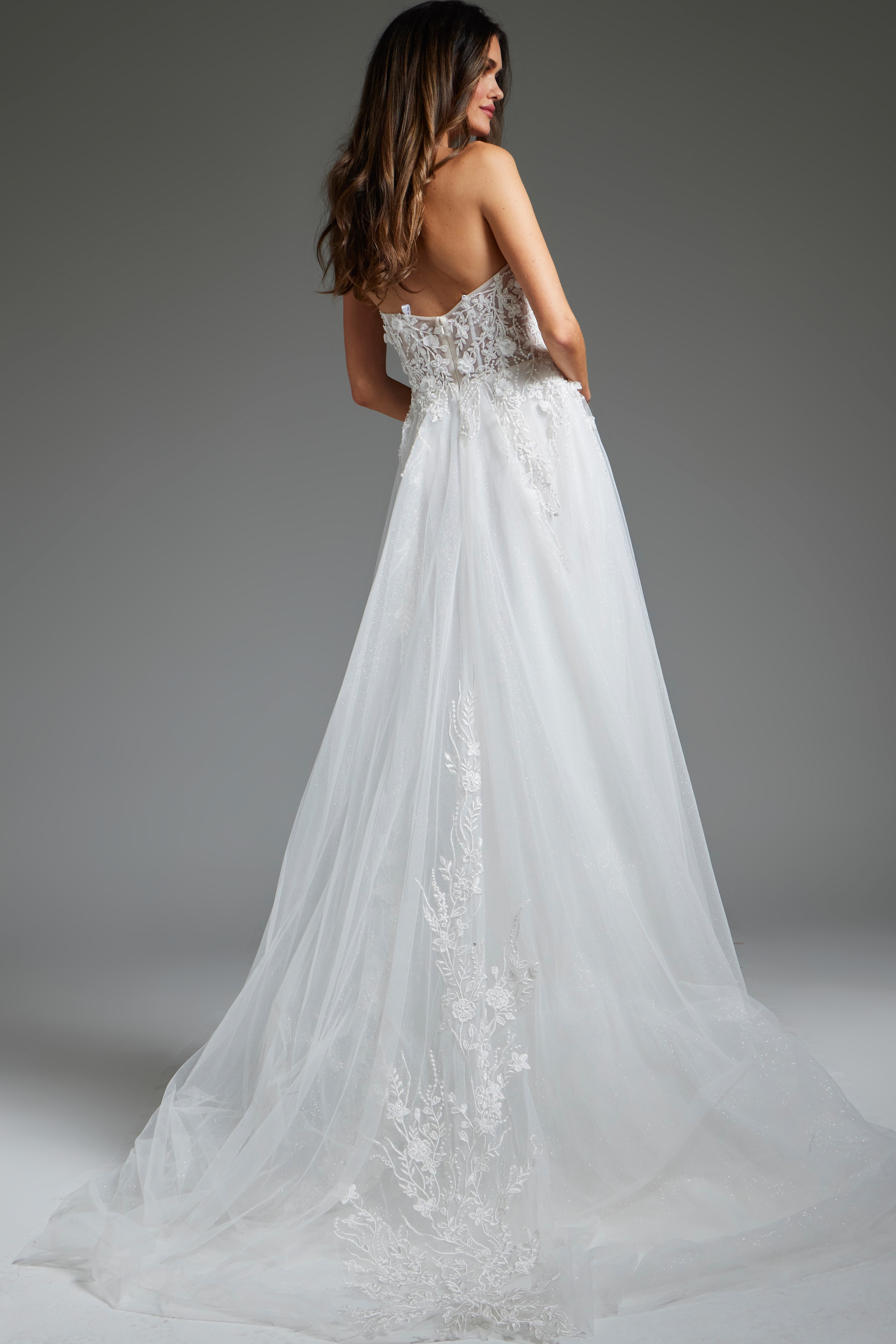 Back view of Jovani JB39160 white dress, showcasing the intricate lace detailing.