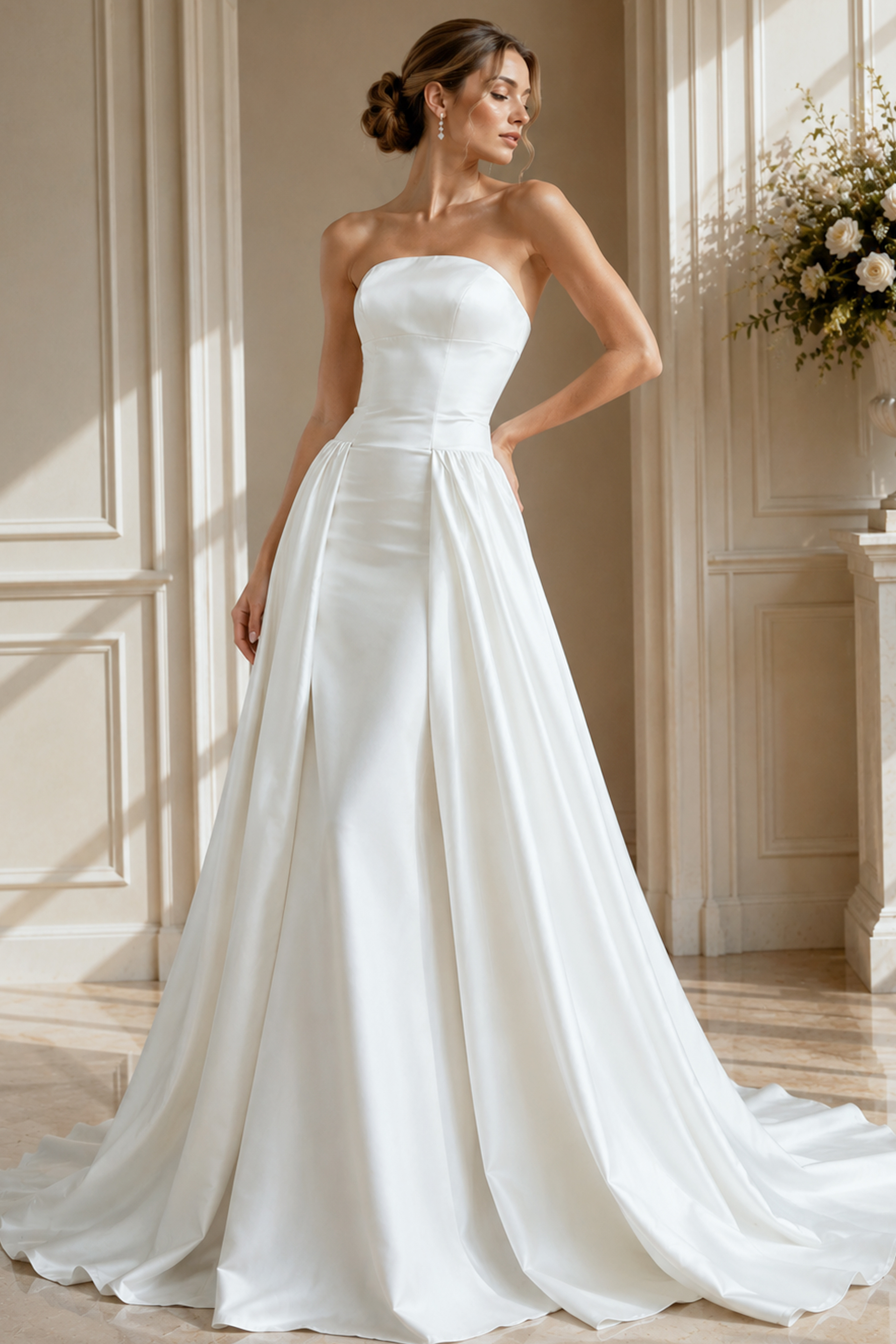 Front view of a strapless sweetheart bridal gown with structured bodice and full pleated satin skirt.