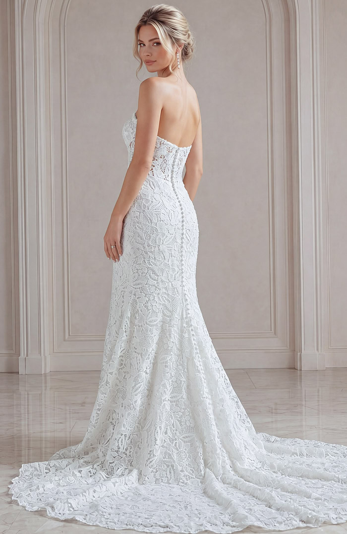 ivory lace strapless fit and flare wedding dress with sweetheart neckline and sheer corset bodice, front view, Jovani Bridal style JB39733