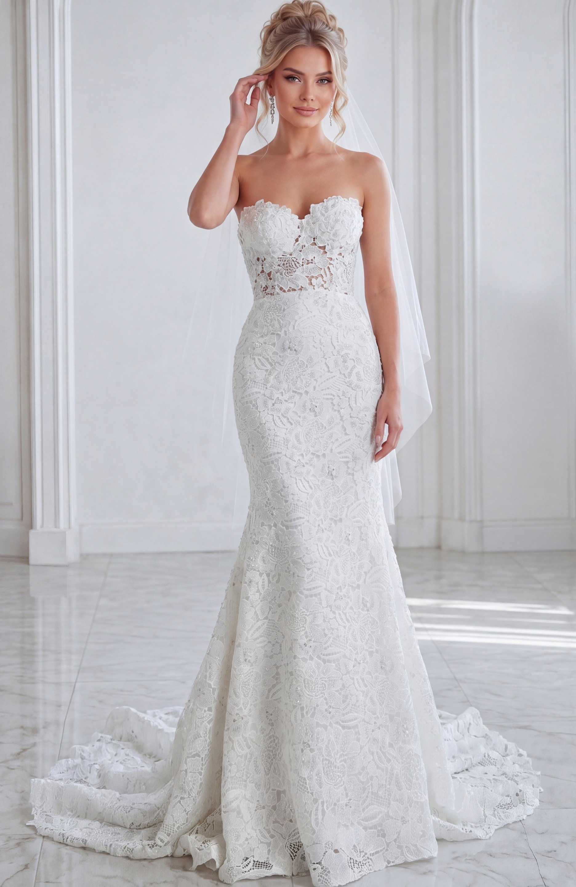 ivory lace strapless fit and flare wedding dress with sweetheart neckline and sheer corset bodice, front view, Jovani Bridal style JB39733