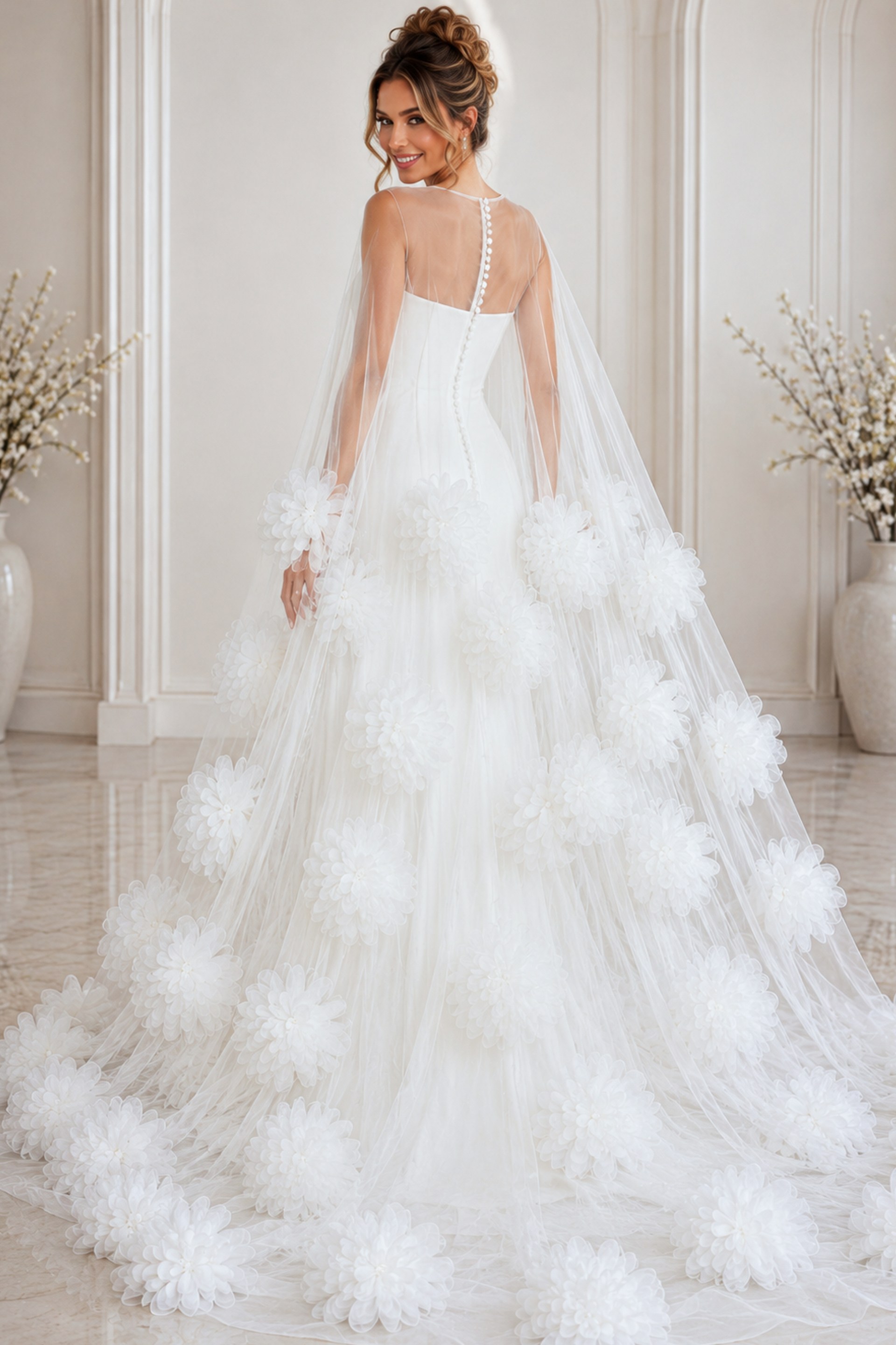 ivory tulle A-line wedding dress with 3D floral appliques and sheer floral trimmed cape, front view, Jovani Bridal style JB40091