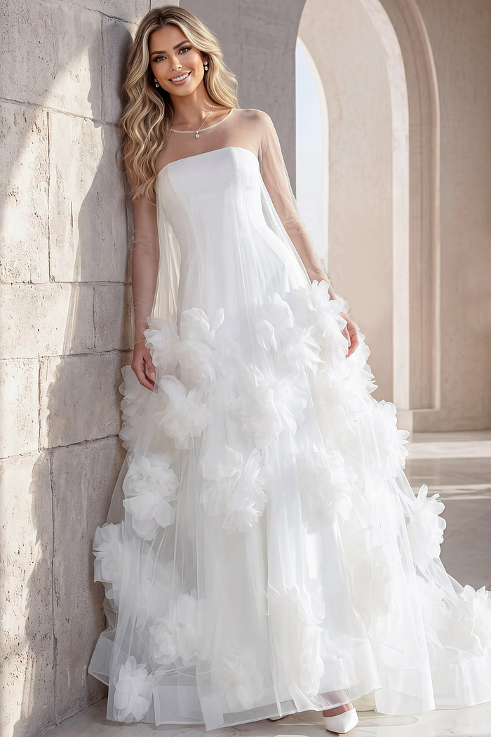 ivory tulle A-line wedding dress with 3D floral appliques and sheer floral trimmed cape, front view, Jovani Bridal style JB40091