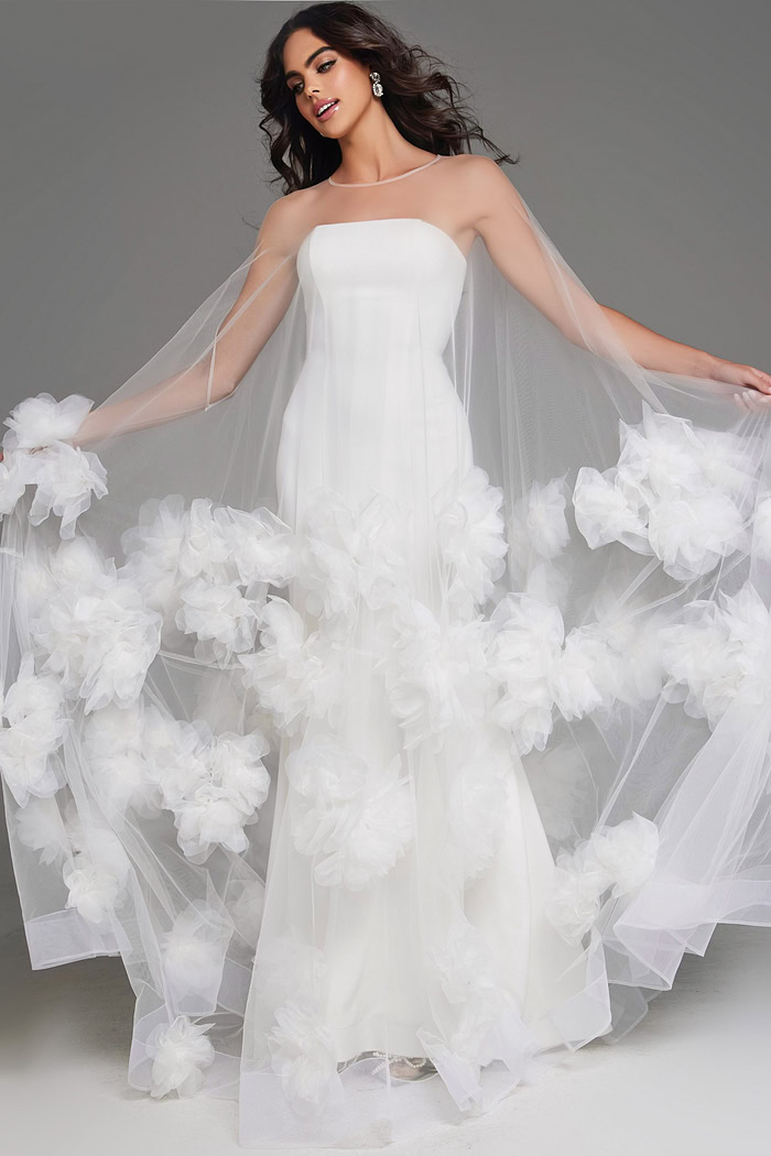 Model showing off Jovani JB40091 gown with front floral embellishments.