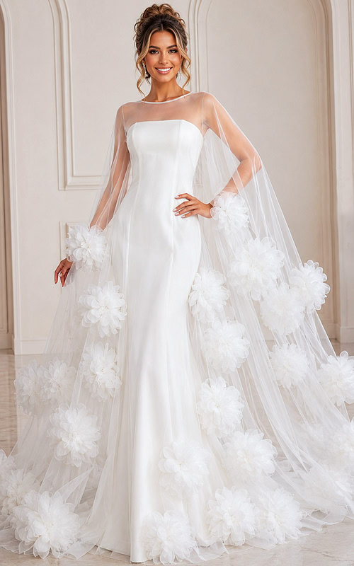 ivory tulle A-line wedding dress with 3D floral appliques and sheer floral trimmed cape, front view, Jovani Bridal style JB40091