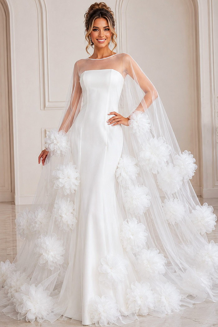 ivory tulle A-line wedding dress with 3D floral appliques and sheer floral trimmed cape, front view, Jovani Bridal style JB40091