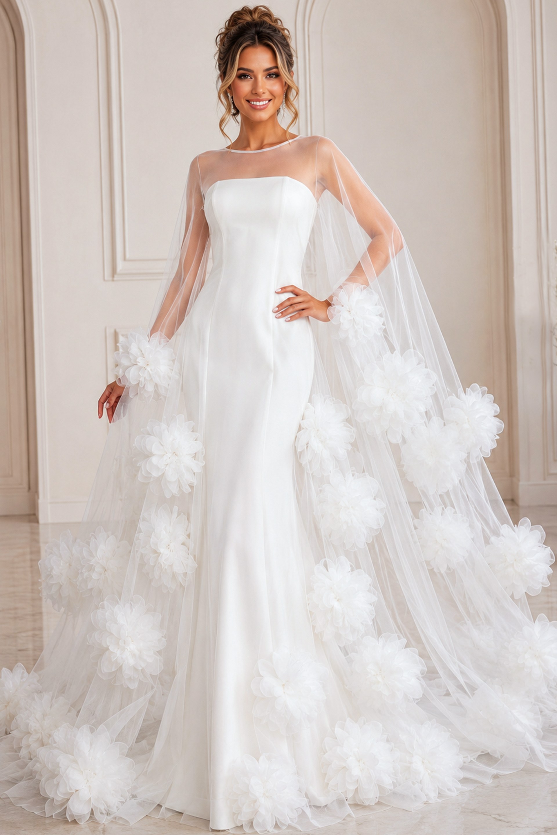 ivory tulle A-line wedding dress with 3D floral appliques and sheer floral trimmed cape, front view, Jovani Bridal style JB40091