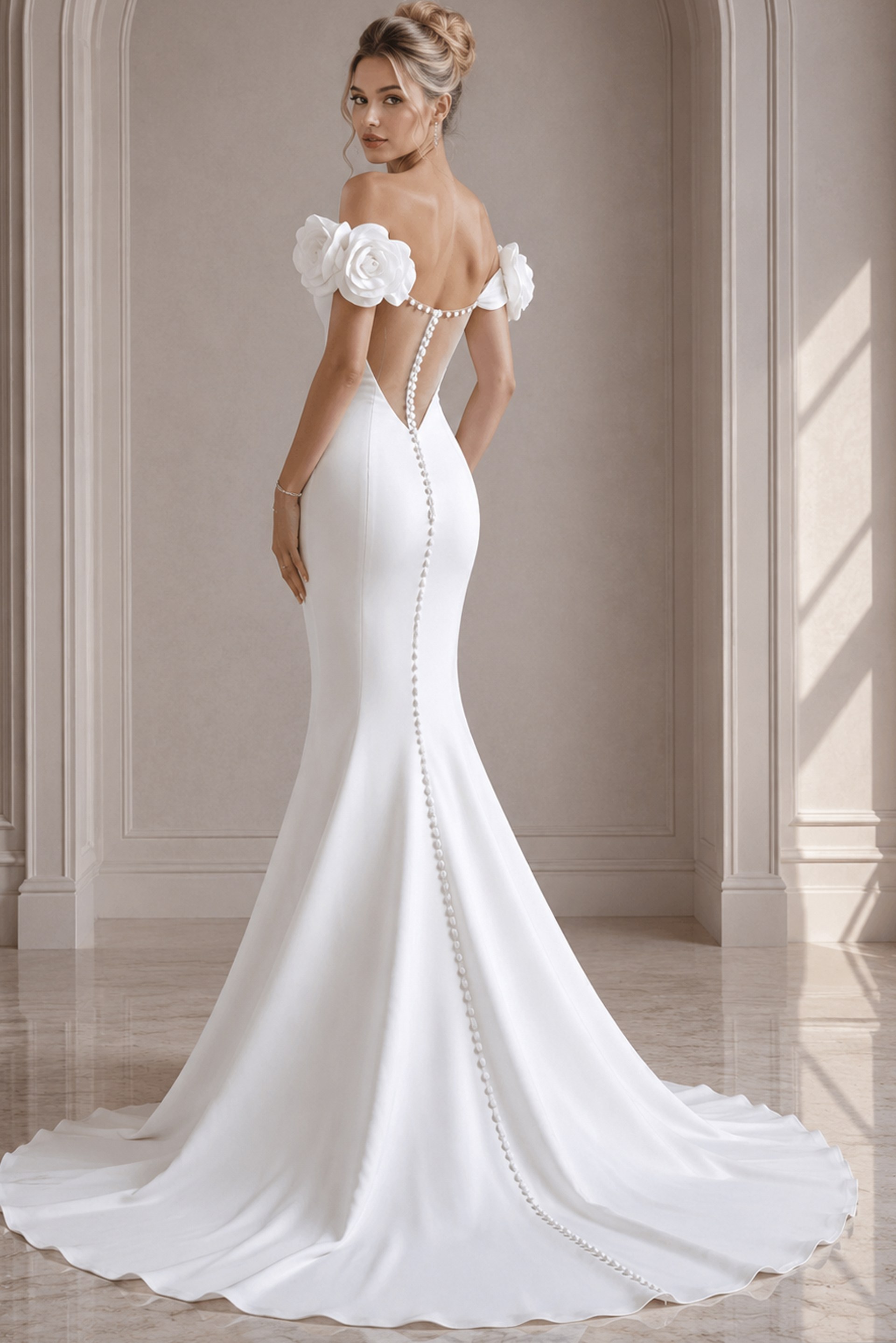 ivory satin fitted mermaid wedding dress with off the shoulder rose applique sleeves and pearl button back, front view, Jovani Bridal style JB40594