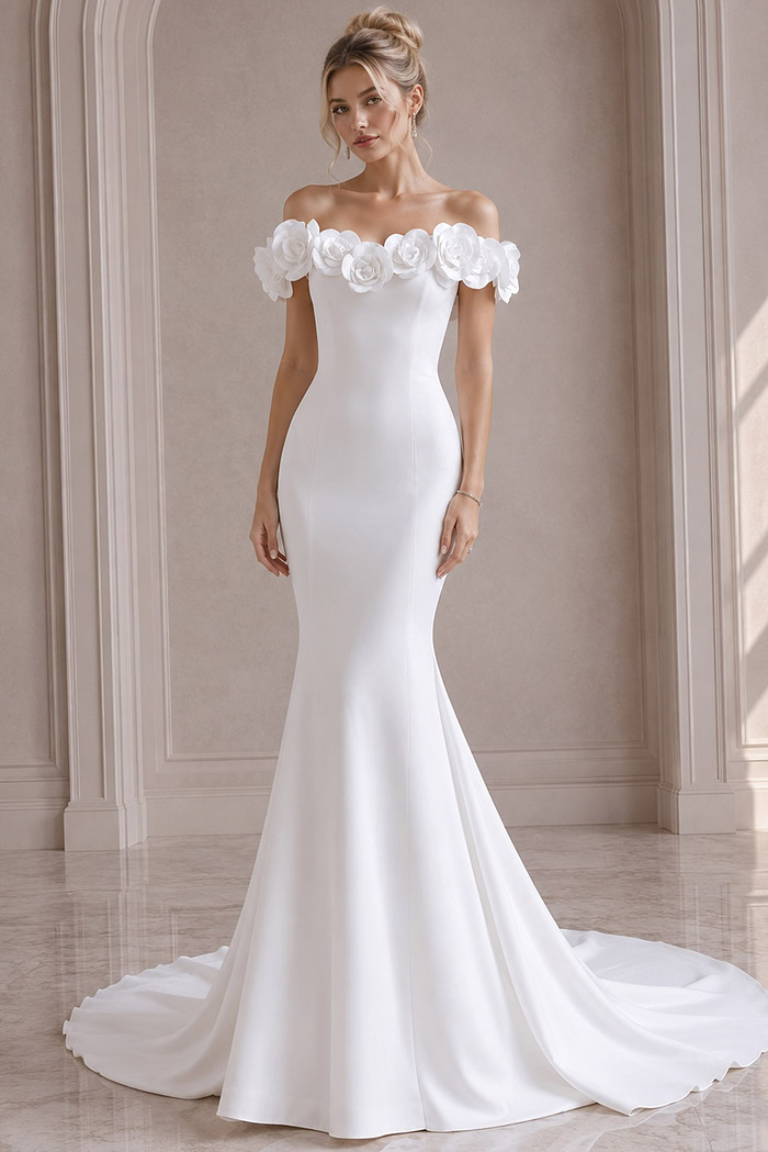 ivory satin fitted mermaid wedding dress with off the shoulder rose applique sleeves and pearl button back, front view, Jovani Bridal style JB40594