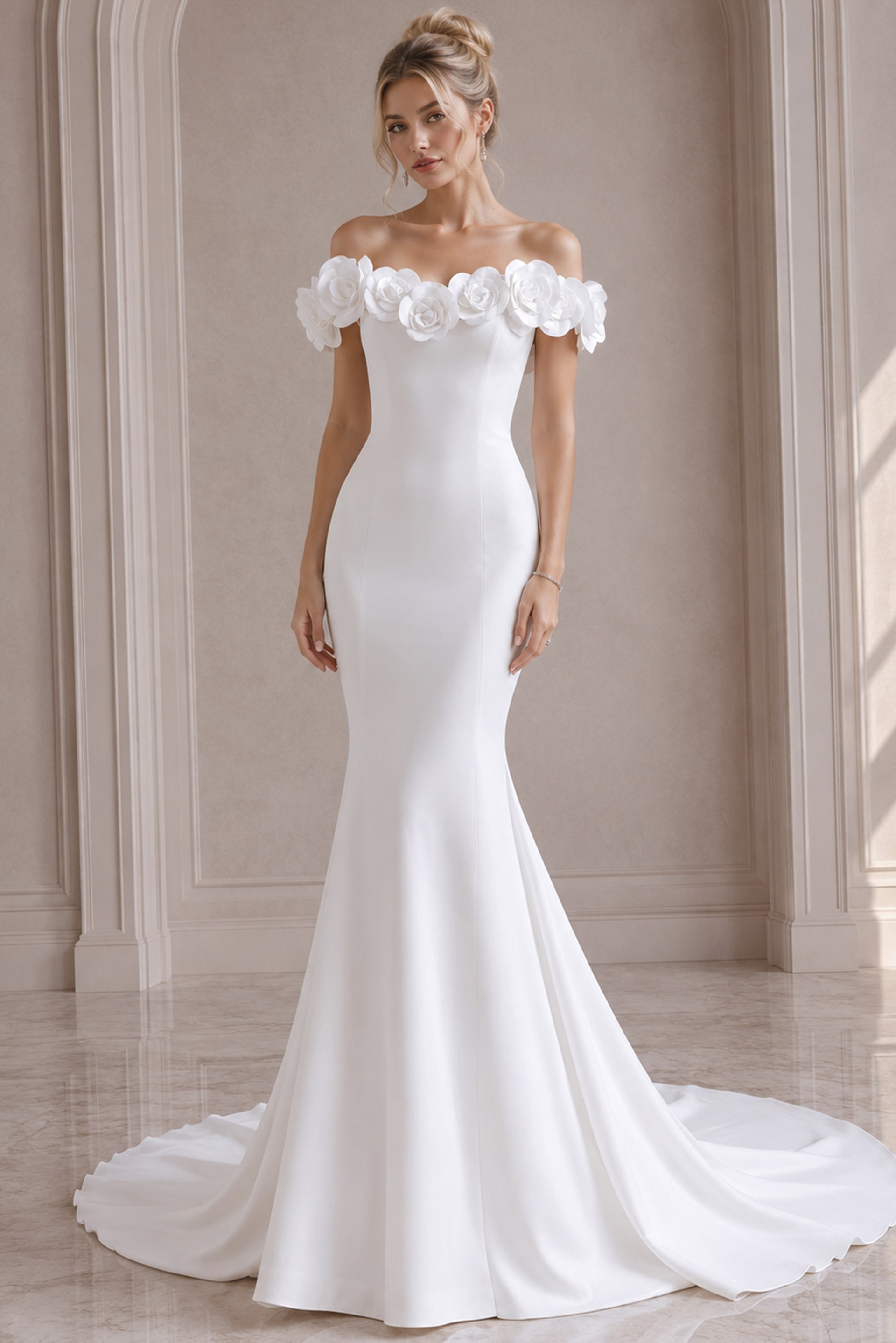 ivory satin fitted mermaid wedding dress with off the shoulder rose applique sleeves and pearl button back, front view, Jovani Bridal style JB40594