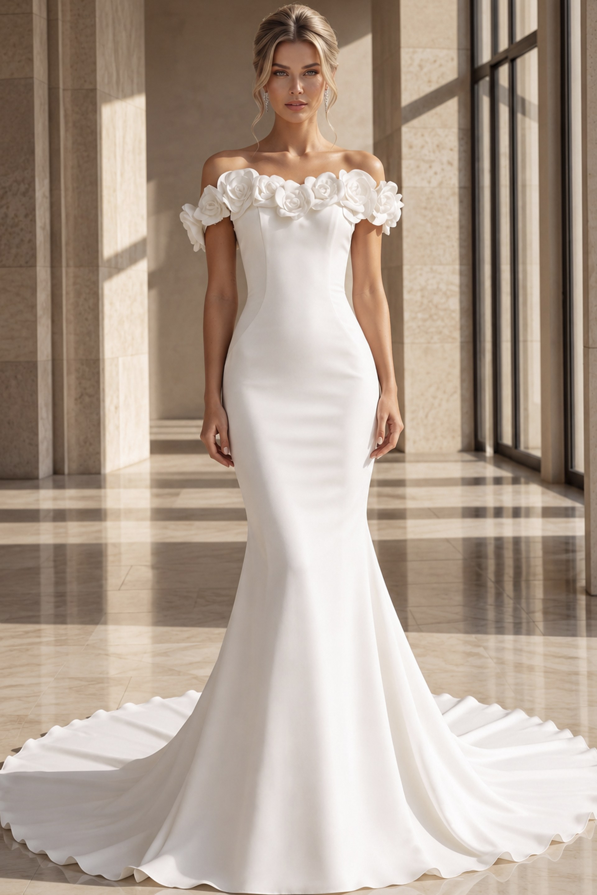 ivory satin fitted mermaid wedding dress with off the shoulder rose applique sleeves and pearl button back, front view, Jovani Bridal style JB40594