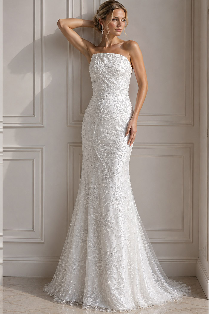 ivory beaded lace strapless fitted mermaid wedding dress with straight neckline and allover sparkle embroidery, front view, Jovani Bridal style JB40608