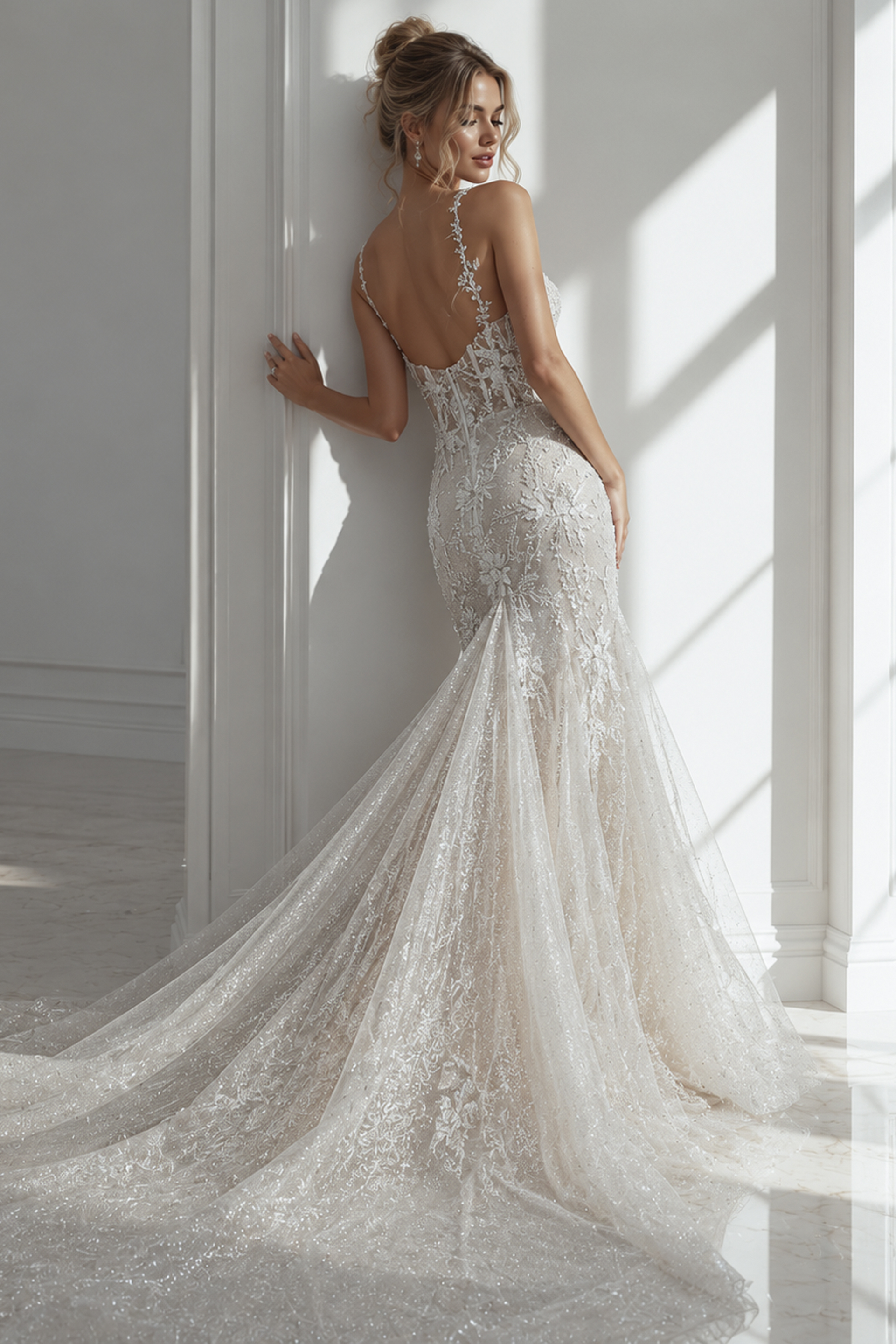 Backless fitted floral lace mermaid bridal gown with delicate straps and flowing sheer hem train