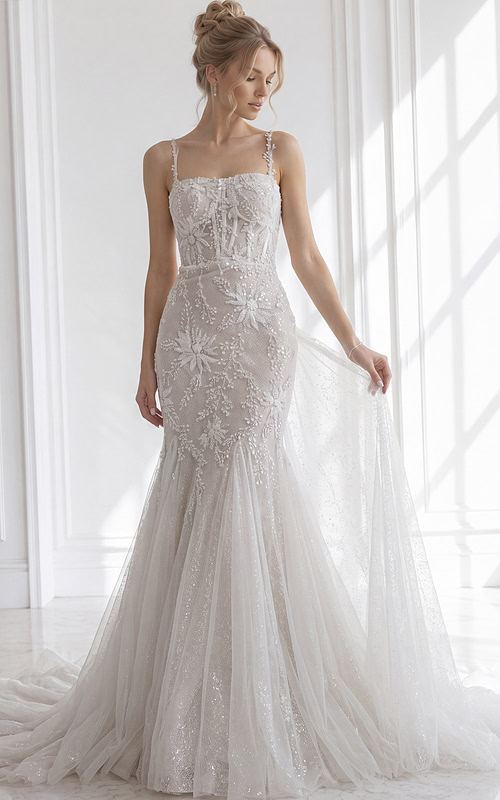 Open-back lace mermaid wedding gown with slim spaghetti straps and flared tulle train