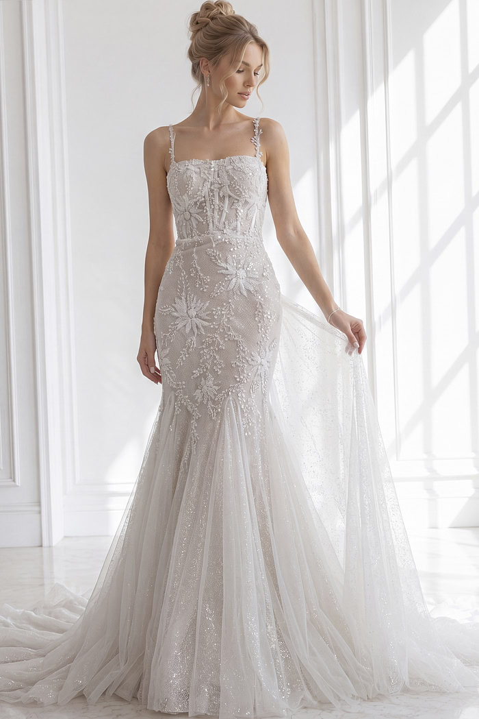 Open-back lace mermaid wedding gown with slim spaghetti straps and flared tulle train