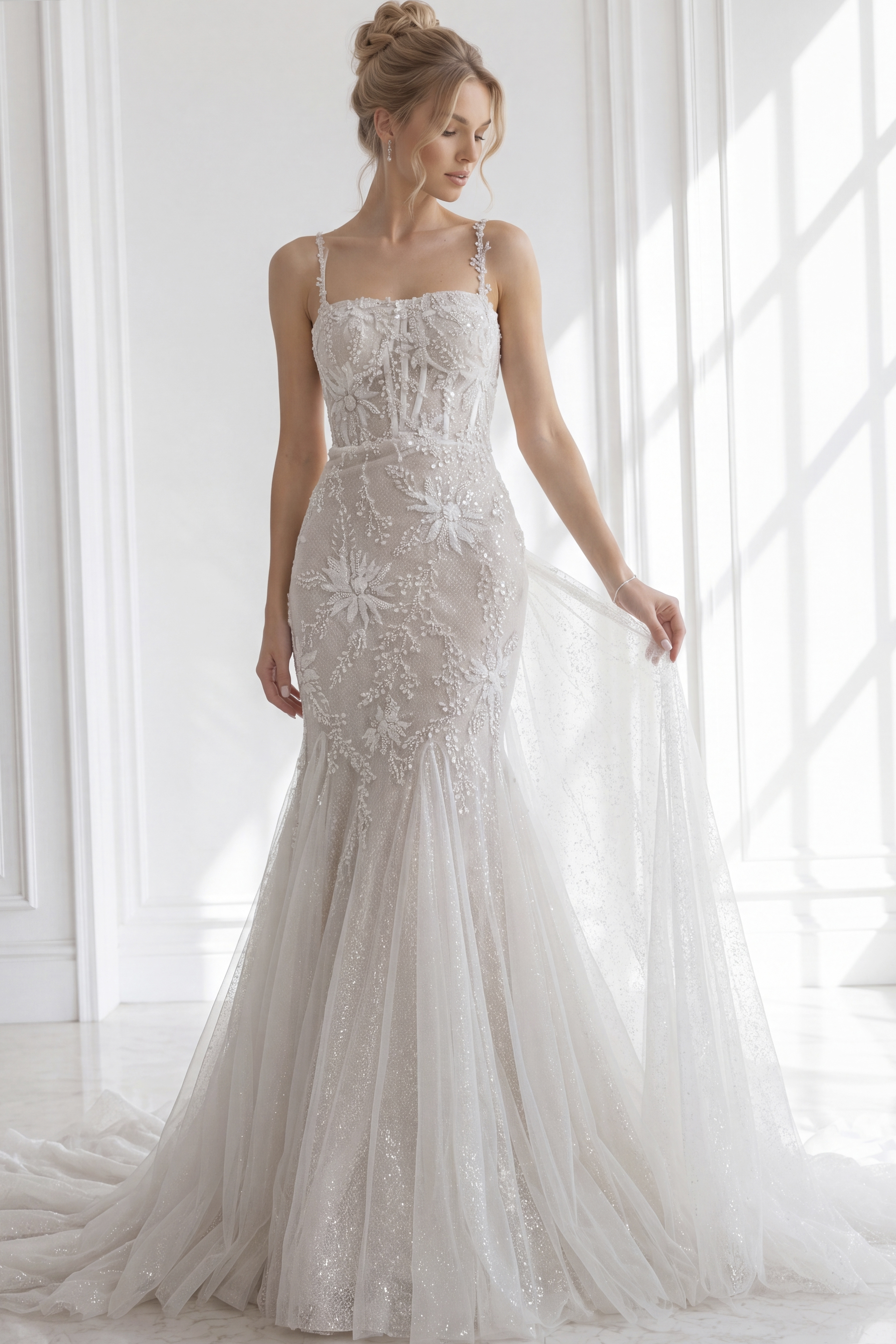 Open-back lace mermaid wedding gown with slim spaghetti straps and flared tulle train