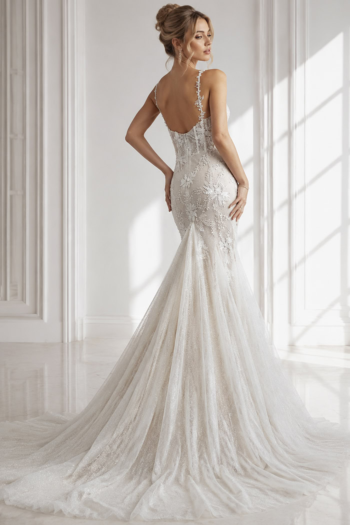 loral embroidered lace fitted wedding gown with sweetheart neckline and soft flare skirt