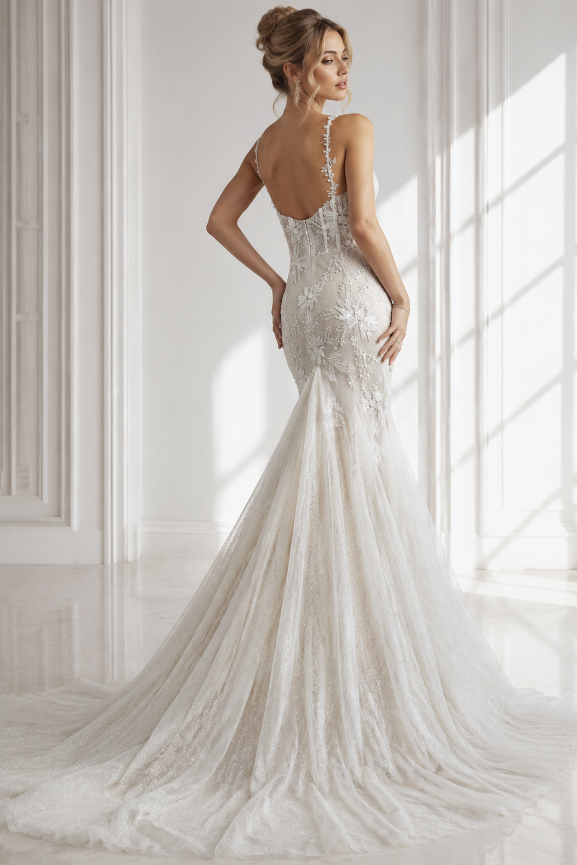 loral embroidered lace fitted wedding gown with sweetheart neckline and soft flare skirt