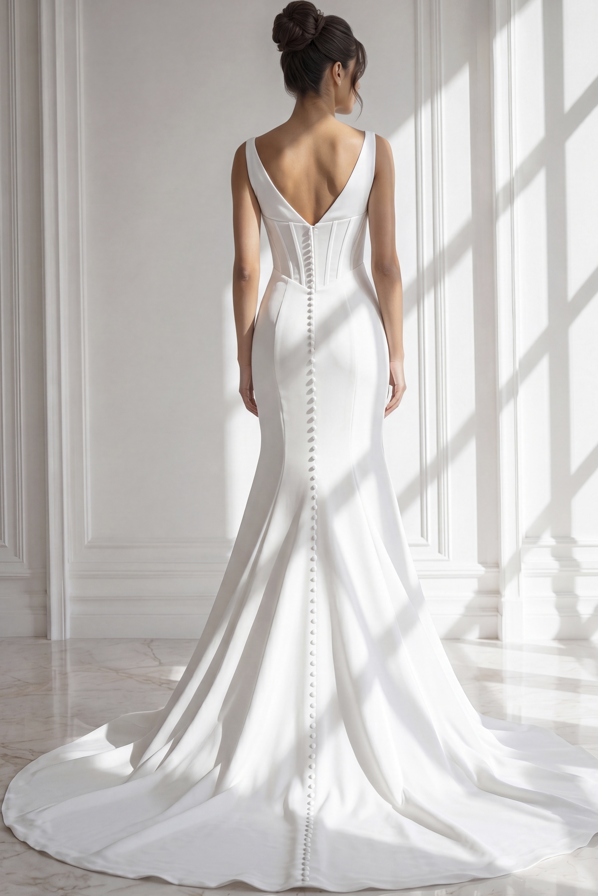 white bridal dress with plunging backline, fitted bodice, and long flowing train