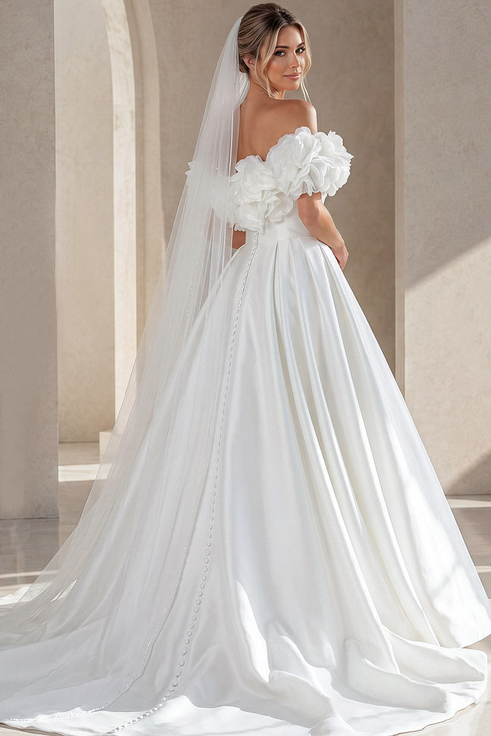 back view of white satin off the shoulder A-line ballgown wedding dress with deep sweetheart neckline and 3D floral rosette sleeves, Jovani Bridal style JB40795
