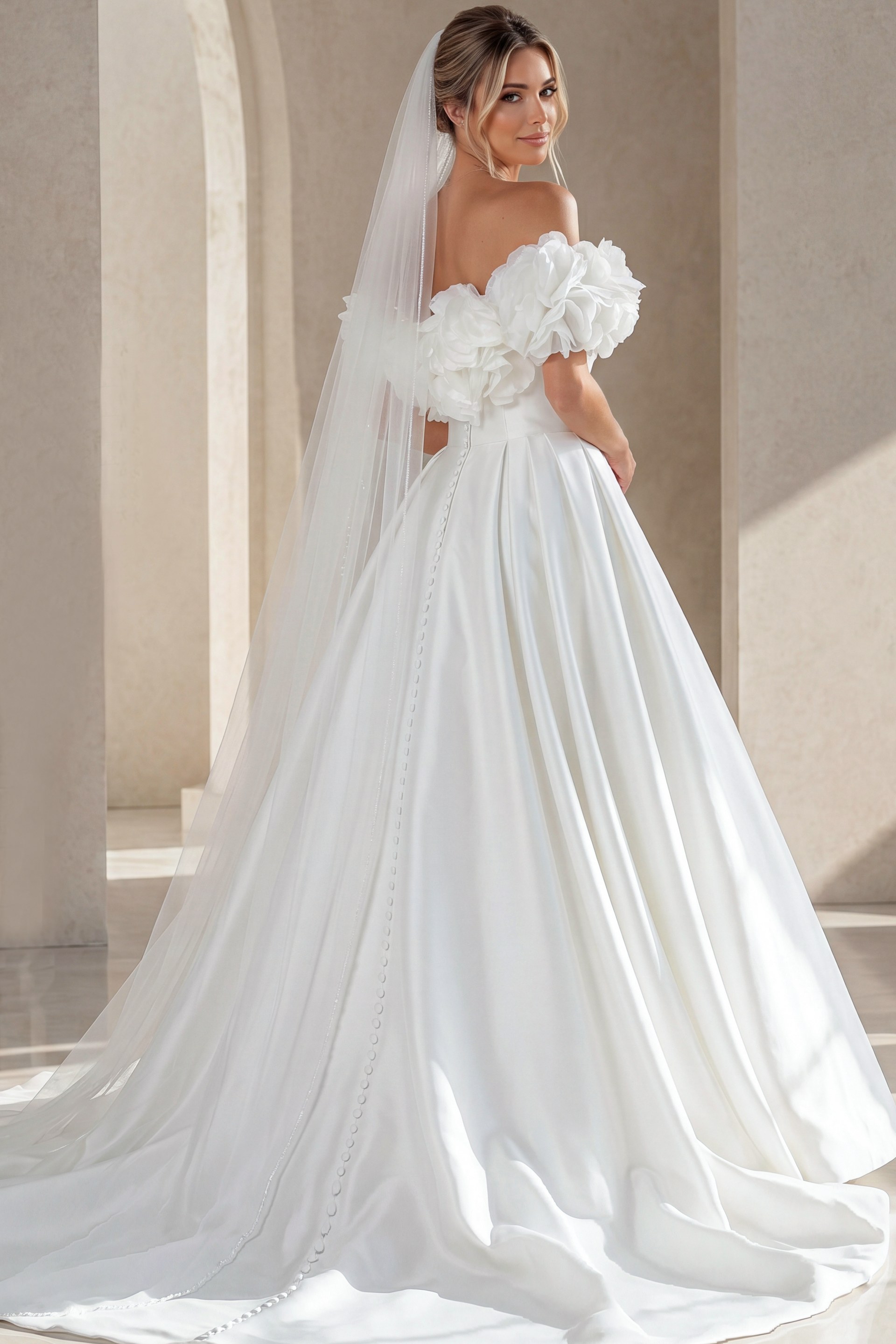 back view of white satin off the shoulder A-line ballgown wedding dress with deep sweetheart neckline and 3D floral rosette sleeves, Jovani Bridal style JB40795