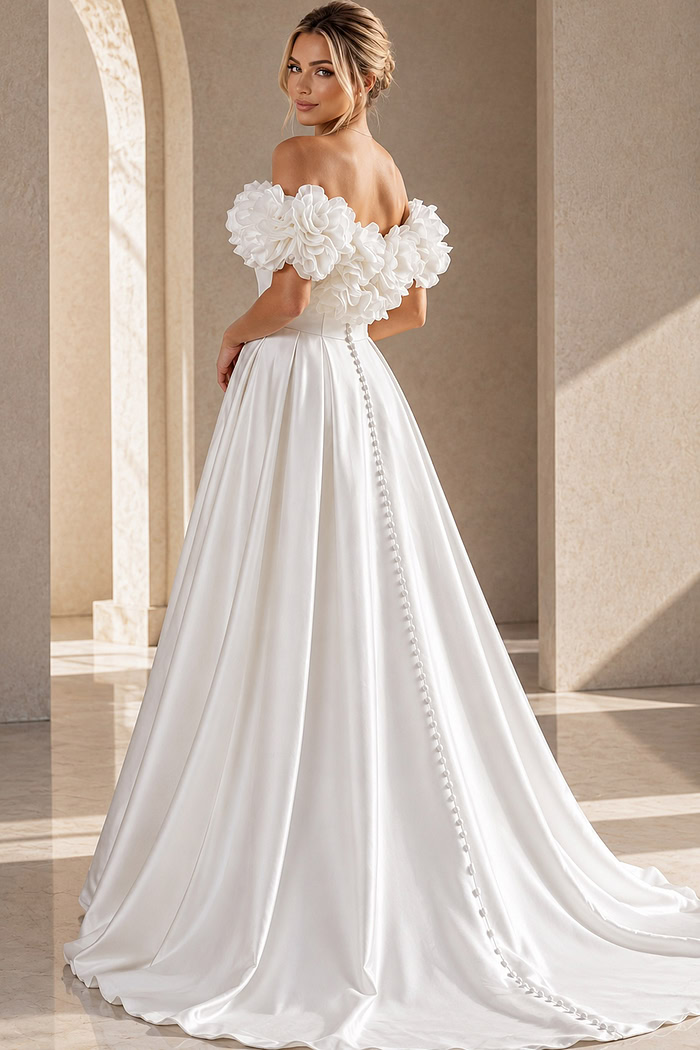 back view of white satin off the shoulder A-line ballgown wedding dress with deep sweetheart neckline and 3D floral rosette sleeves, Jovani Bridal style JB40795