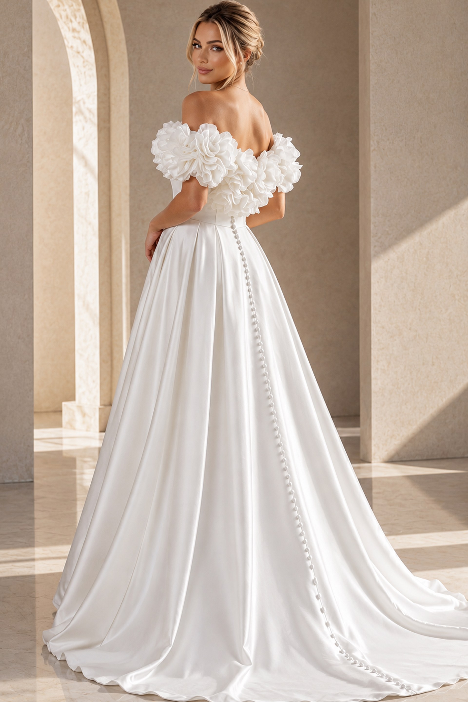 back view of white satin off the shoulder A-line ballgown wedding dress with deep sweetheart neckline and 3D floral rosette sleeves, Jovani Bridal style JB40795