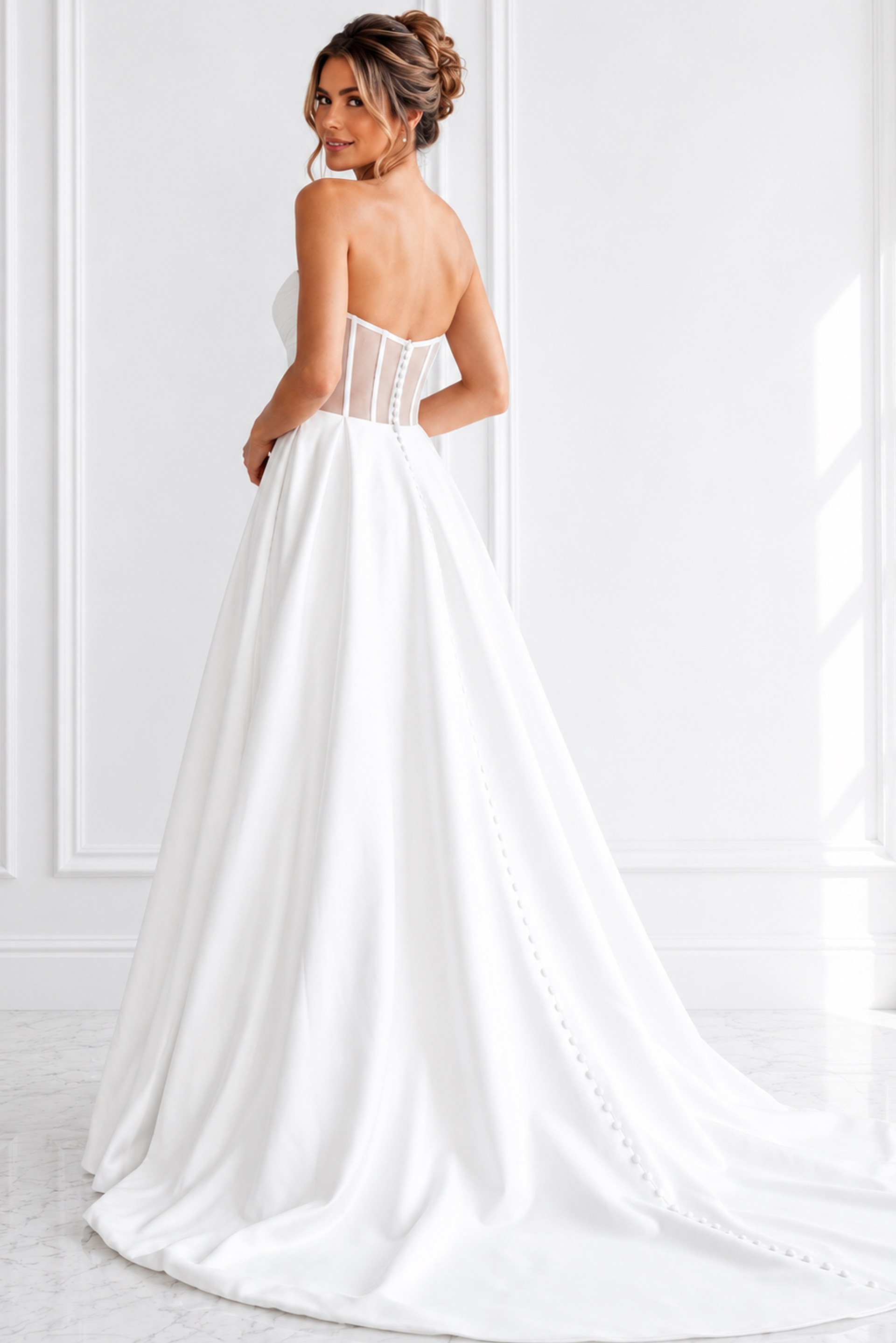 white satin strapless A-line wedding dress with sweetheart neckline, rosette waist and high slit, front view, Jovani Bridal style JB40825
