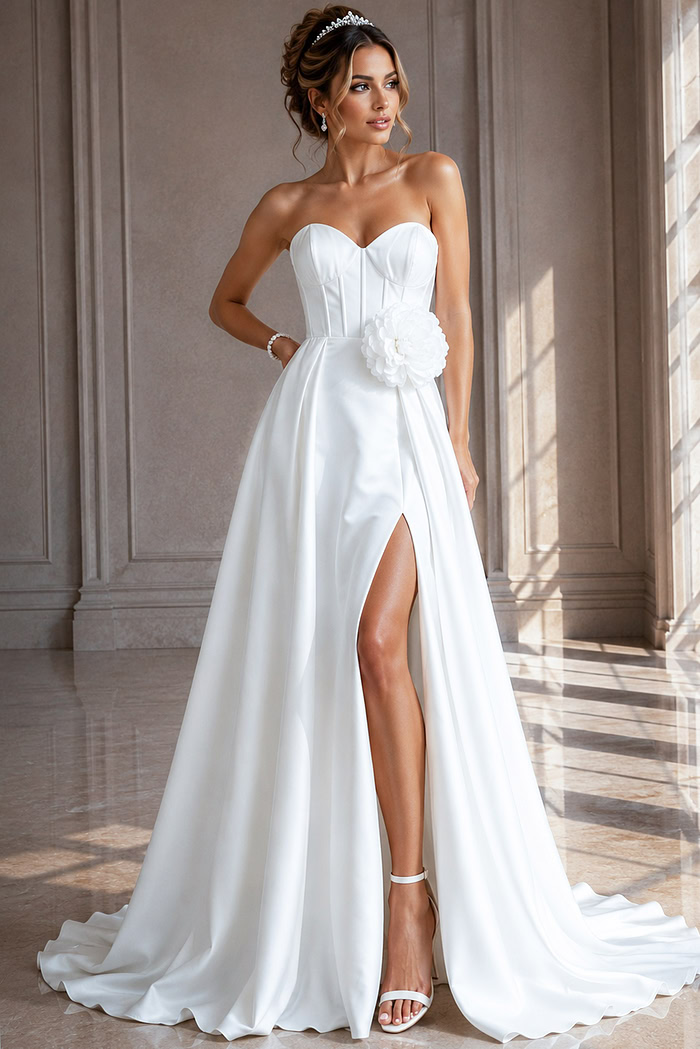 white satin strapless A-line wedding dress with sweetheart neckline, rosette waist and high slit, front view, Jovani Bridal style JB40825