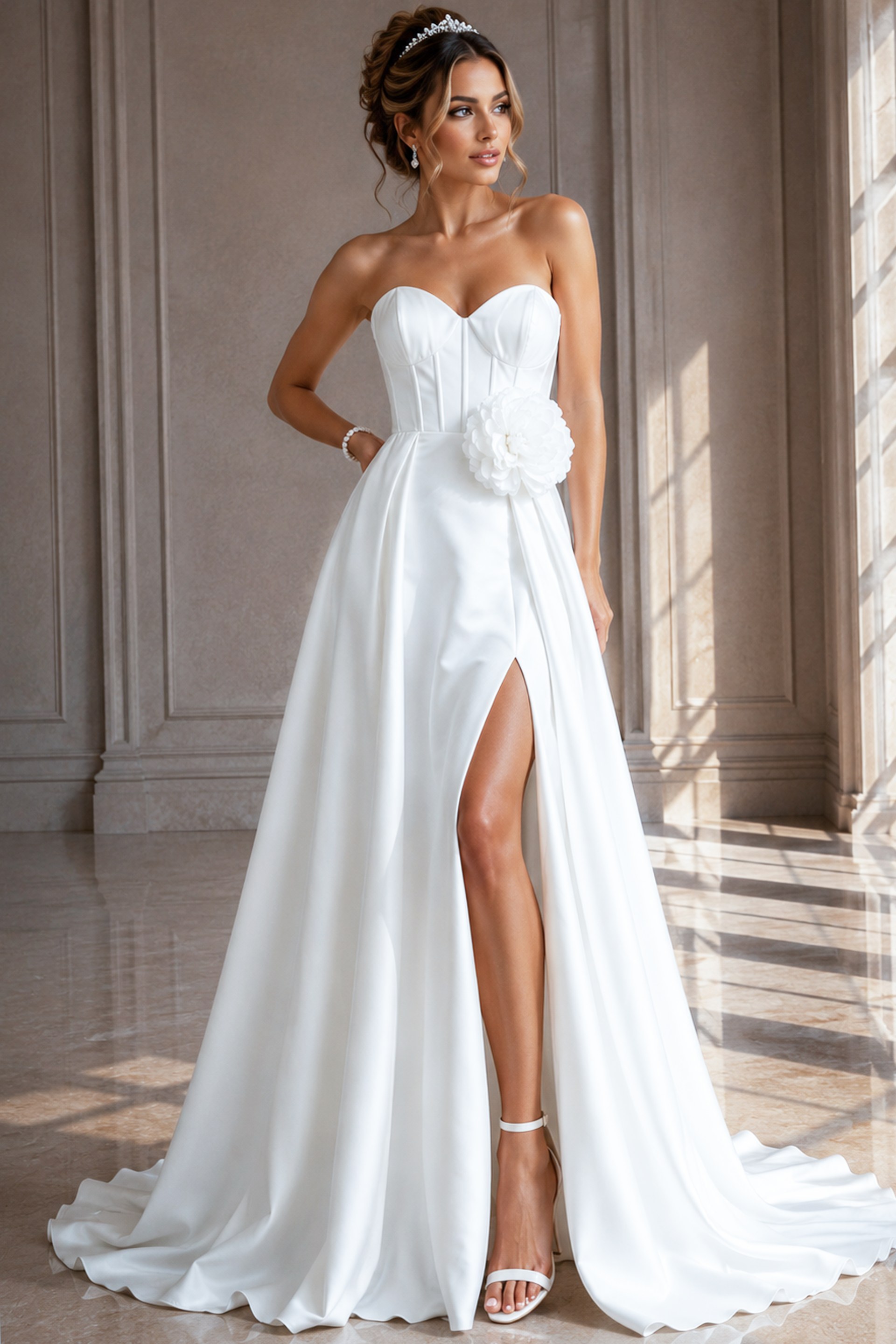 white satin strapless A-line wedding dress with sweetheart neckline, rosette waist and high slit, front view, Jovani Bridal style JB40825