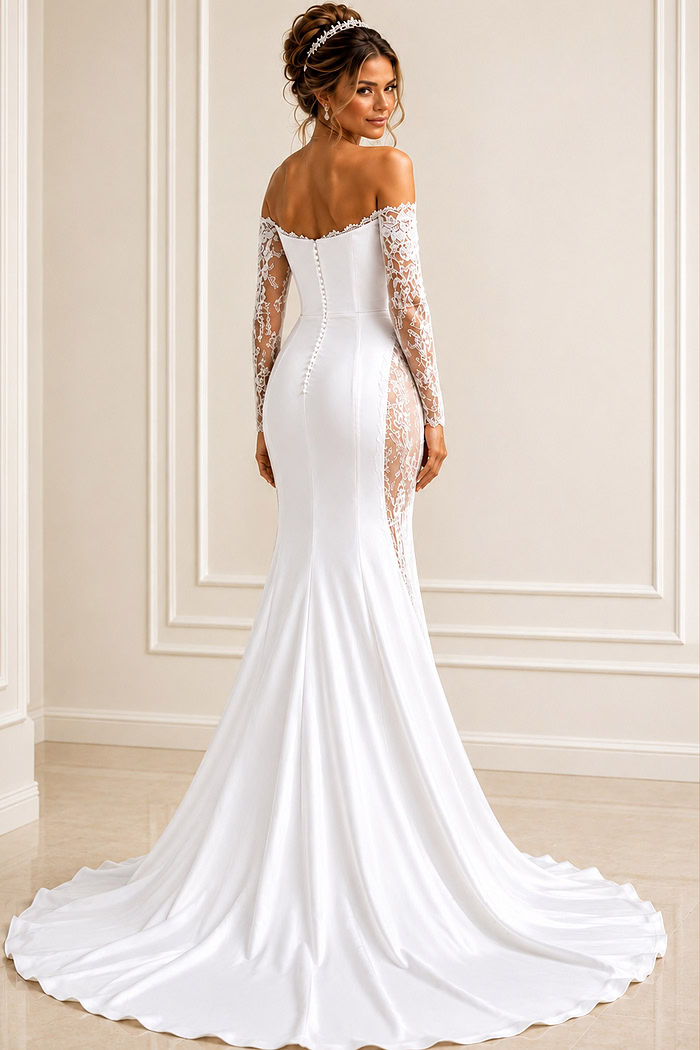 white satin off the shoulder fitted mermaid wedding dress with draped cowl neckline and sheer beaded lace long sleeves, front view, Jovani Bridal style JB41163