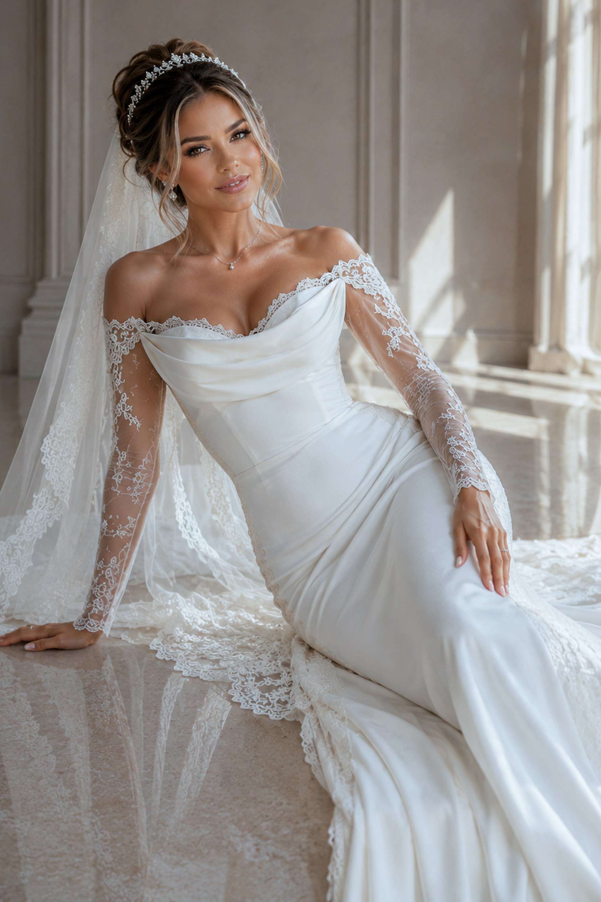 white satin off the shoulder fitted mermaid wedding dress with draped cowl neckline and sheer beaded lace long sleeves, front view, Jovani Bridal style JB41163