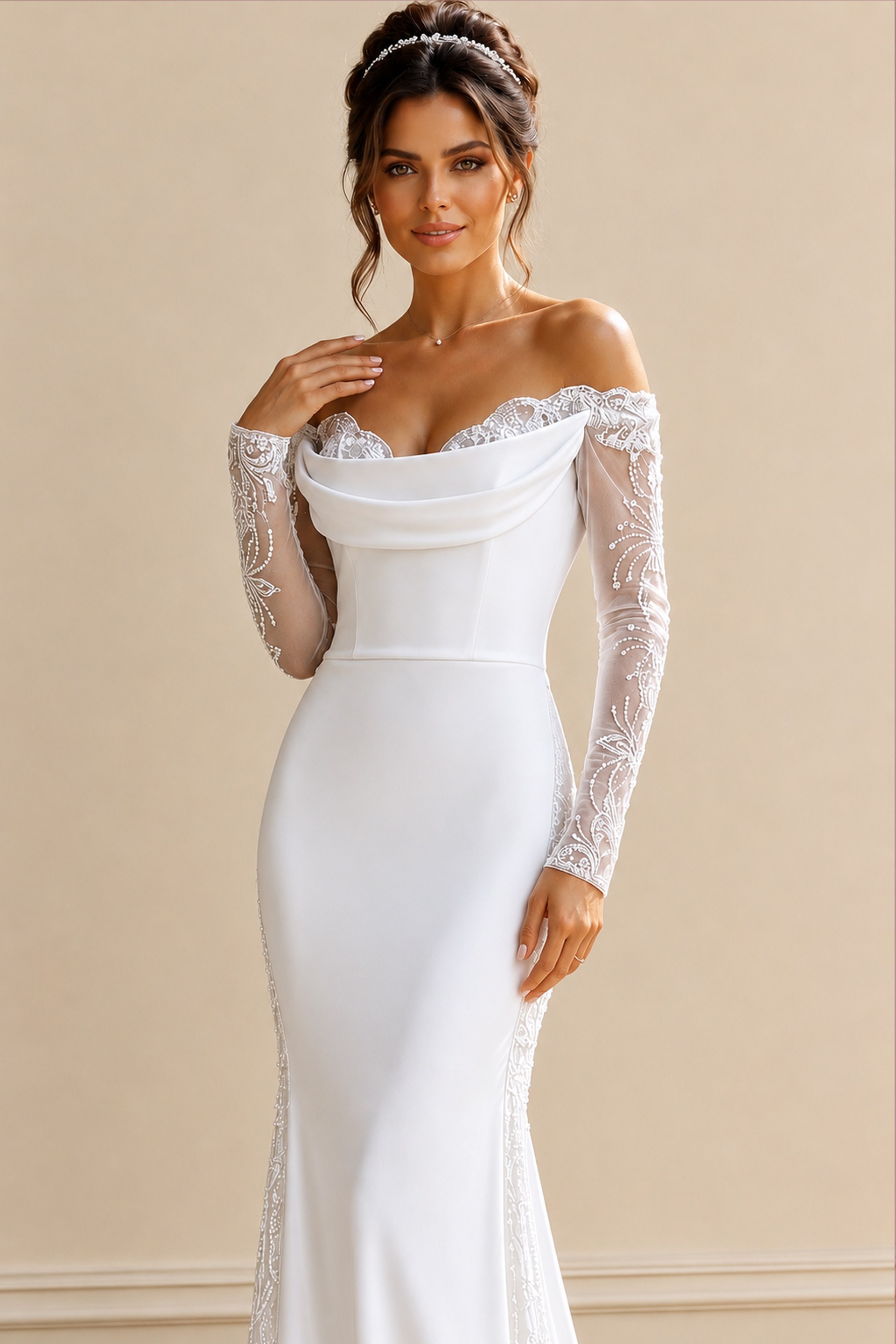 white satin off the shoulder fitted mermaid wedding dress with draped cowl neckline and sheer beaded lace long sleeves, front view, Jovani Bridal style JB41163