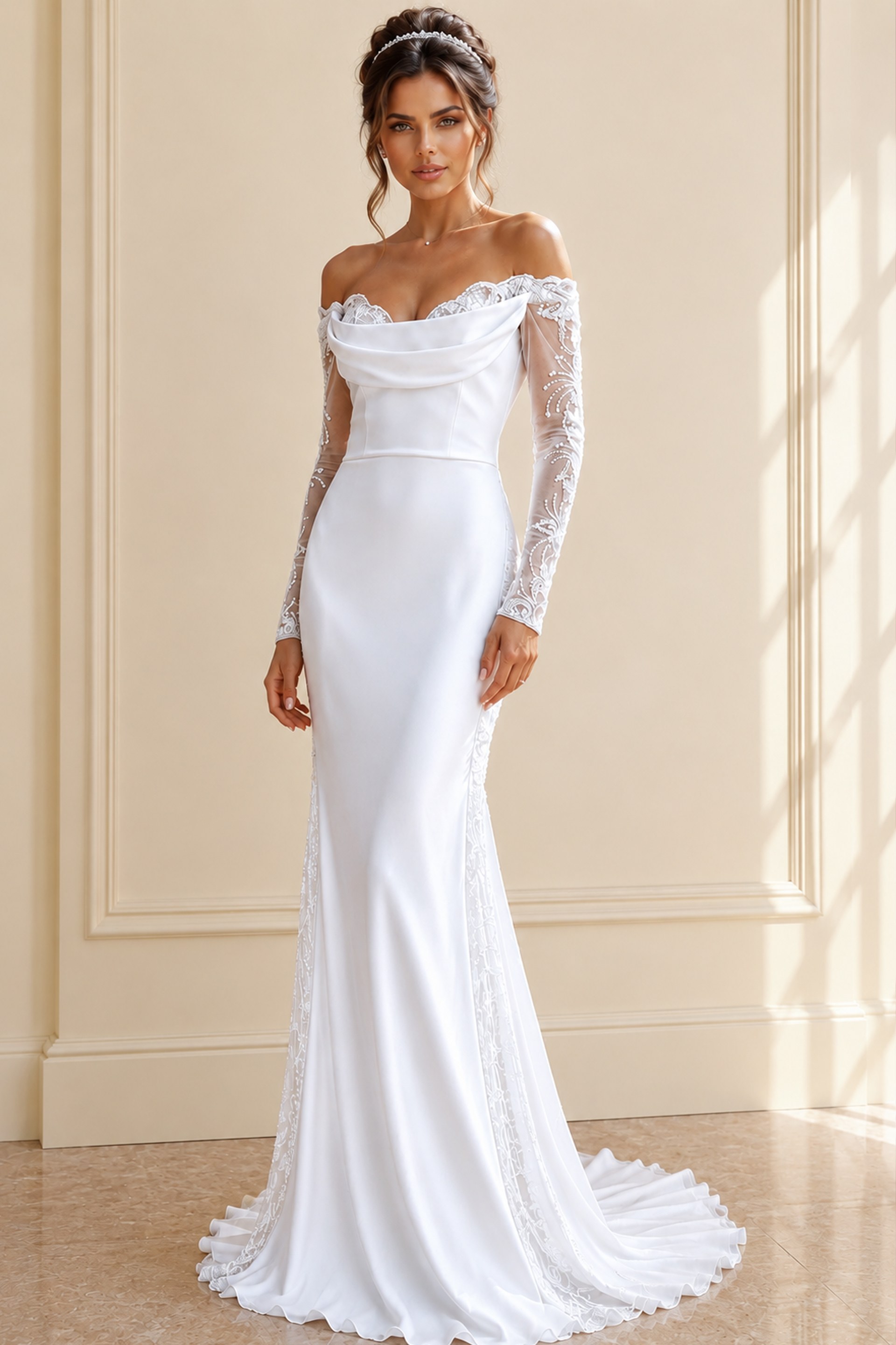 white satin off the shoulder fitted mermaid wedding dress with draped cowl neckline and sheer beaded lace long sleeves, front view, Jovani Bridal style JB41163