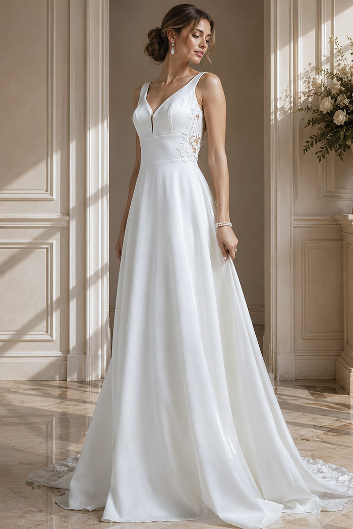 Refined satin gown with a deep illusion back, flattering waistline, and graceful movement.